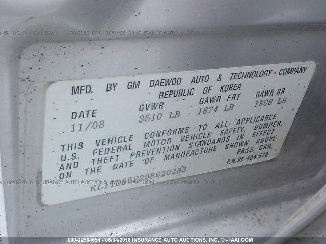 KL1TD56E29B620293 - 2009 CHEVROLET AVEO LS/LT 银色 照片 9