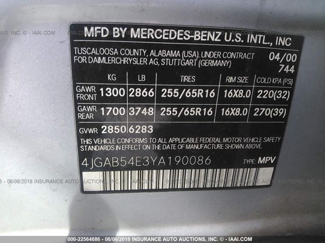 4JGAB54E3YA190086 - 2000 MERCEDES-BENZ ML 320 SILVER photo 9