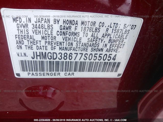 JHMGD38677S055054 - 2007 HONDA FIT S RED photo 9