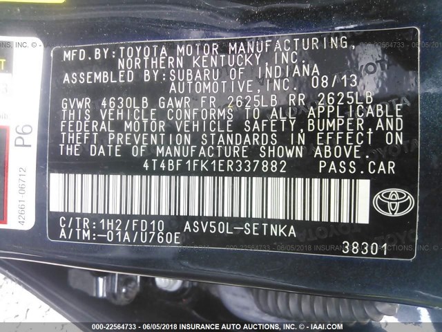 4T4BF1FK1ER337882 - 2014 TOYOTA CAMRY L/SE/LE/XLE 黑色 照片 9