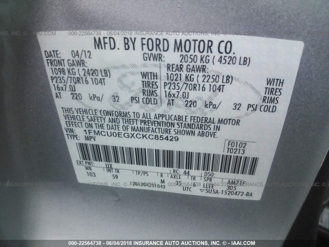 1FMCU0EGXCKC85429 - 2012 FORD ESCAPE LIMITED SILVER photo 9