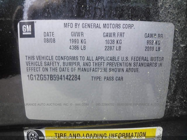 1G1ZG57B594142284 - 2009 CHEVROLET MALIBU LS BLACK photo 9