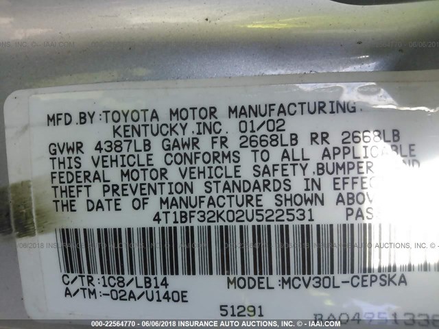 4T1BF32K02U522531 - 2002 TOYOTA CAMRY LE/XLE/SE ვერცხლისფერი ფოტო 9