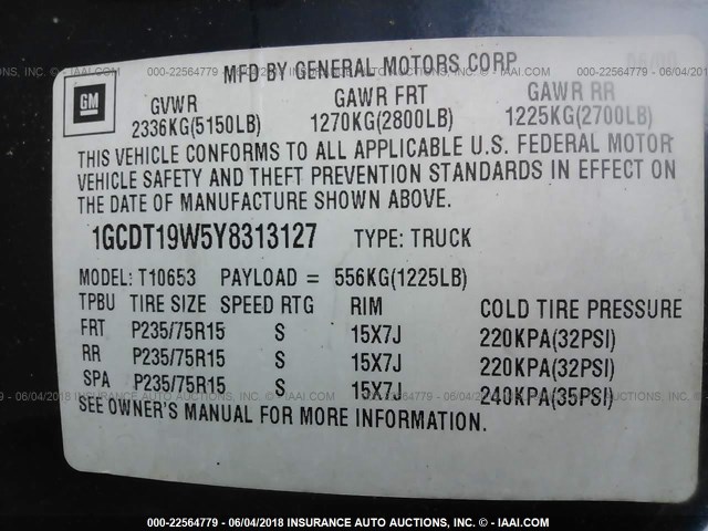 1GCDT19W5Y8313127 - 2000 CHEVROLET S TRUCK S10 BLUE photo 9