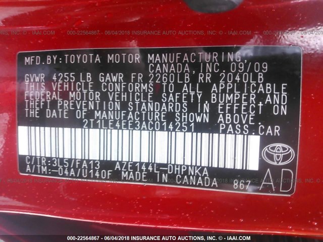 2T1LE4EE3AC014251 - 2010 TOYOTA COROLLA MATRIX S RED photo 9