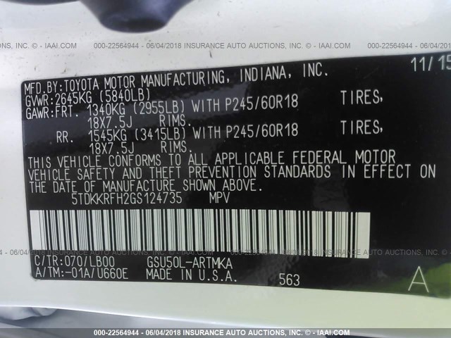 5TDKKRFH2GS124735 - 2016 TOYOTA HIGHLANDER XLE თეთრი ფოტო 9