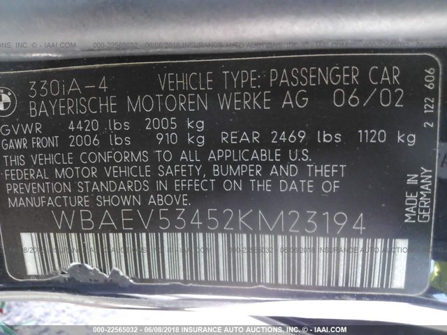 WBAEV53452KM23194 - 2002 BMW 3 SERIES I BLUE photo 9