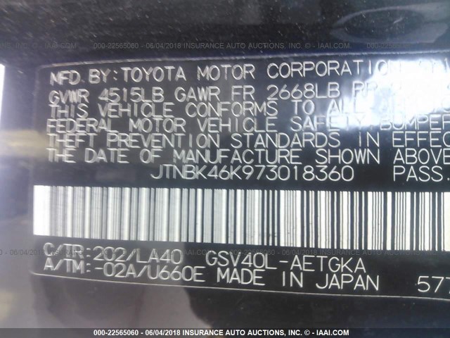 JTNBK46K973018360 - 2007 TOYOTA CAMRY NEW GENERAT LE/XLE/SE BLACK photo 9