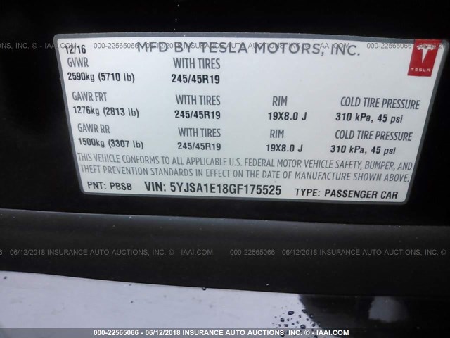 5YJSA1E18GF175525 - 2016 TESLA MODEL S BLACK photo 9