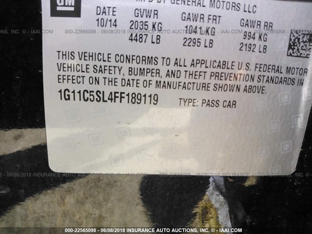 1G11C5SL4FF189119 - 2015 CHEVROLET MALIBU 1LT 黑色 照片 9