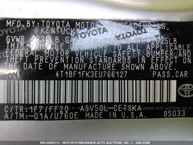 4T1BF1FK3EU766127 - 2014 TOYOTA CAMRY L/SE/LE/XLE ვერცხლისფერი ფოტო 9