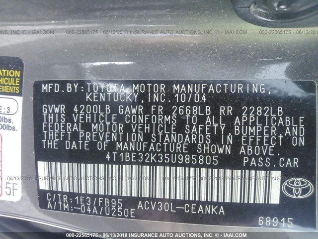 4T1BE32K35U985805 - 2005 TOYOTA CAMRY LE/XLE/SE ნაცრისფერი ფოტო 9