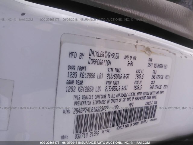 2B4GP74L01R323427 - 2001 DODGE GRAND CARAVAN EX YELLOW photo 9