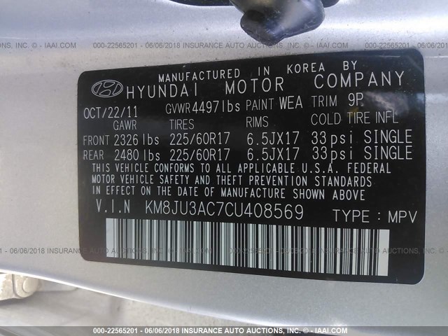 KM8JU3AC7CU408569 - 2012 HYUNDAI TUCSON GLS/LIMITED ვერცხლისფერი ფოტო 9