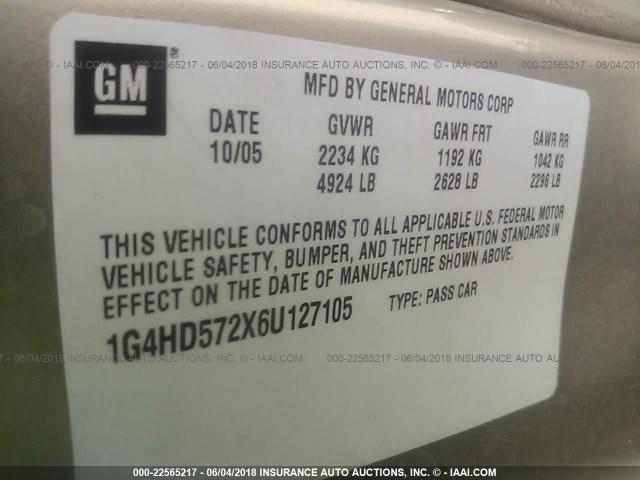 1G4HD572X6U127105 - 2006 BUICK LUCERNE CXL GOLD photo 9