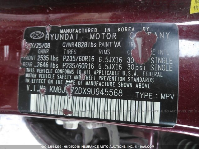 KM8JN72DX9U945568 - 2009 HYUNDAI TUCSON SE/LIMITED MAROON photo 9