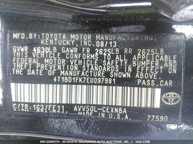 4T1BD1FK7EU097981 - 2014 TOYOTA CAMRY HYBRID/LE/XLE 黑色 照片 9