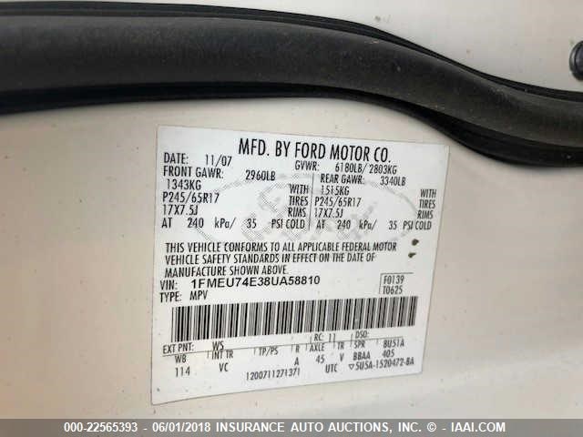 1FMEU74E38UA58810 - 2008 FORD EXPLORER EDDIE BAUER WHITE photo 9