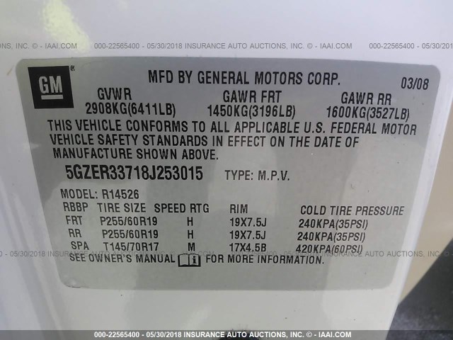 5GZER33718J253015 - 2008 SATURN OUTLOOK XR/TOURING 白色 照片 9
