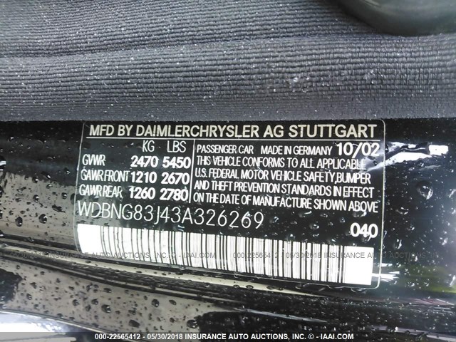 WDBNG83J43A326269 - 2003 MERCEDES-BENZ S 430 4MATIC BLACK photo 9