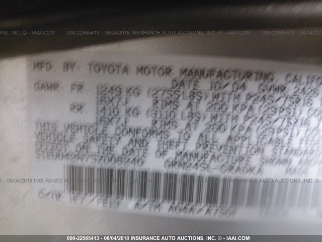 5TEUU42N75Z008240 - 2005 TOYOTA TACOMA ACCESS CAB Silber Foto 9