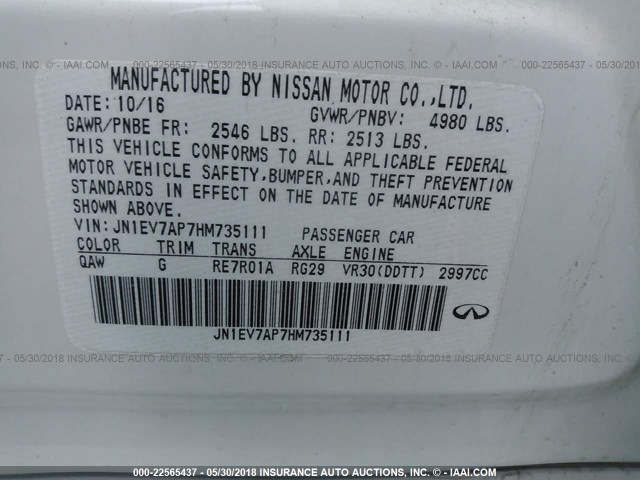 JN1EV7AP7HM735111 - 2017 INFINITI Q50 PREMIUM/SPORT/SE WHITE photo 9