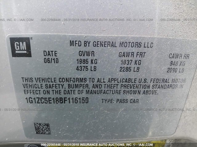 1G1ZC5E18BF116150 - 2011 CHEVROLET MALIBU 1LT TAN photo 9