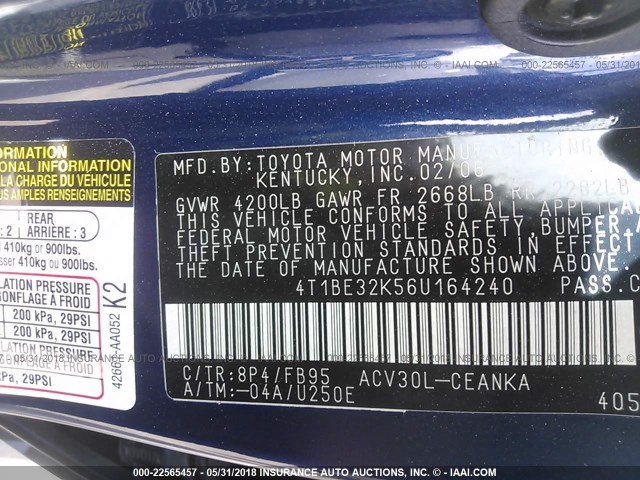 4T1BE32K56U164240 - 2006 TOYOTA CAMRY LE/XLE/SE ლურჯი ფოტო 9