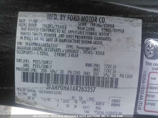 3FAHP0HA1AR263357 - 2010 FORD FUSION SE BLACK photo 9