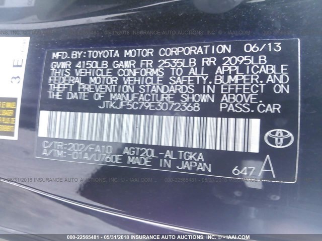 JTKJF5C79E3072368 - 2014 TOYOTA SCION TC 黑色 照片 9