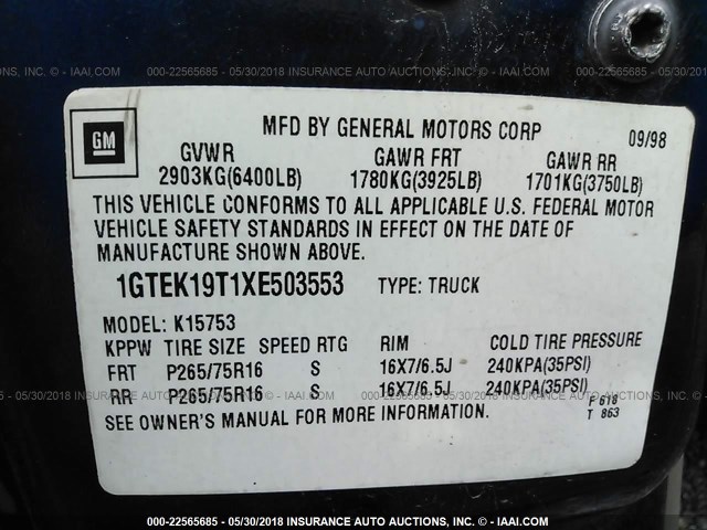 1GTEK19T1XE503553 - 1999 GMC NEW SIERRA K1500 BLUE photo 9