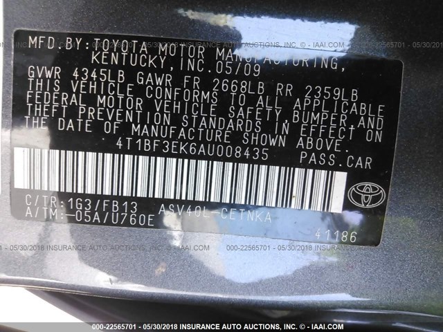 4T1BF3EK6AU008435 - 2010 TOYOTA CAMRY SE/LE/XLE GRAY photo 9