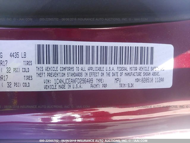 1C4NJCEAXFD296409 - 2015 JEEP COMPASS LATITUDE წითელი ფოტო 9