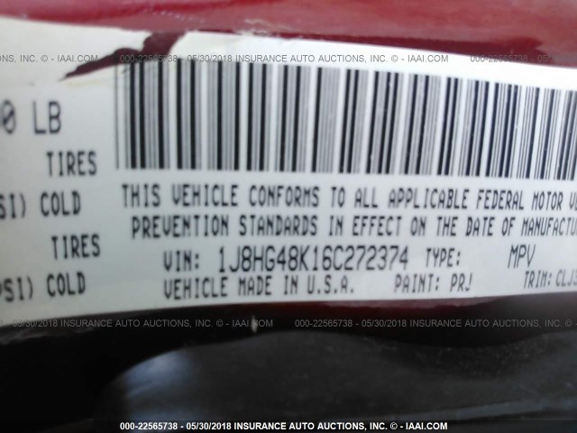 1J8HG48K16C272374 - 2006 JEEP COMMANDER 勃艮第红 照片 9