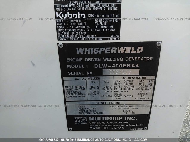 4GNBM0910EB037897 - 1900 GENERATOR DLW400ESA4  WHITE photo 9