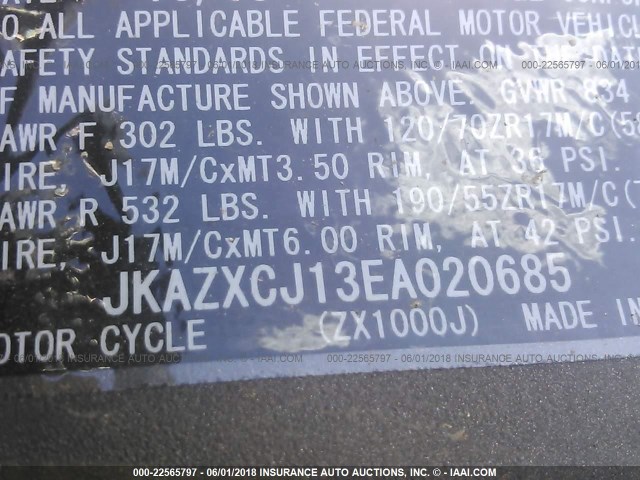 JKAZXCJ13EA020685 - 2014 KAWASAKI ZX1000 J BLACK photo 10