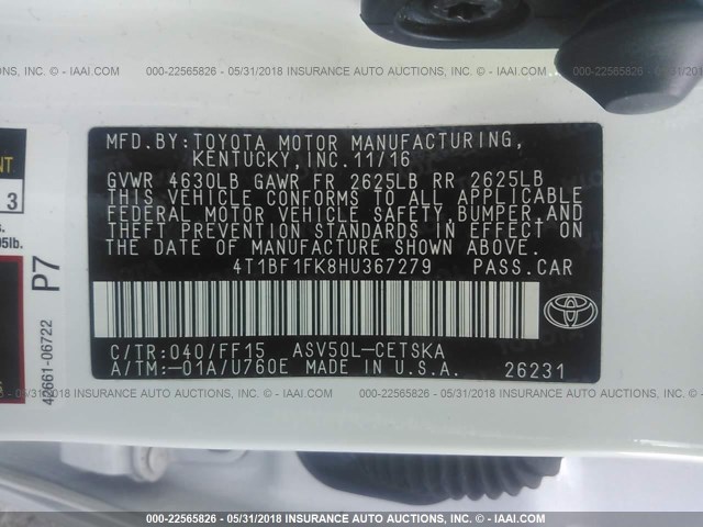4T1BF1FK8HU367279 - 2017 TOYOTA CAMRY LE/XLE/SE/XSE WHITE photo 9