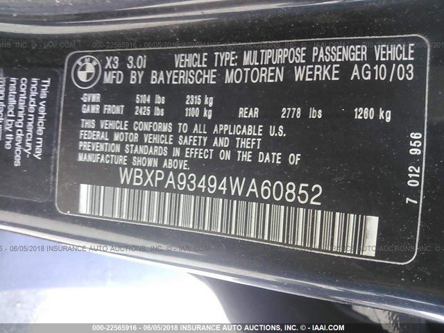 WBXPA93494WA60852 - 2004 BMW X3 3.0I BLACK photo 9