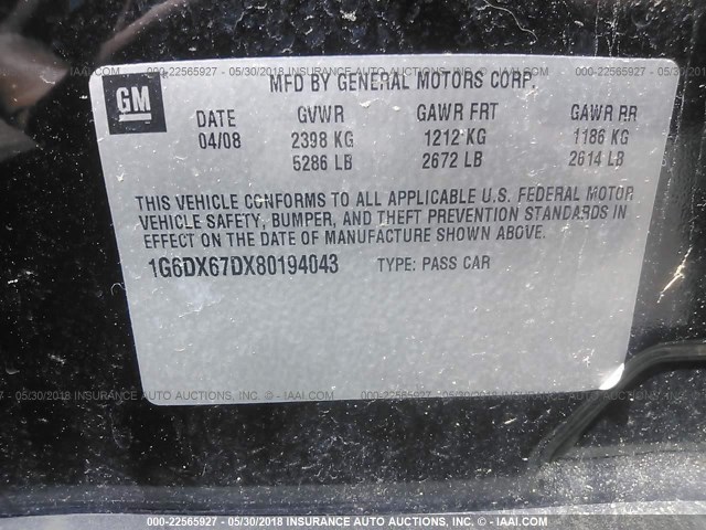 1G6DX67DX80194043 - 2008 CADILLAC STS-V BLACK photo 9