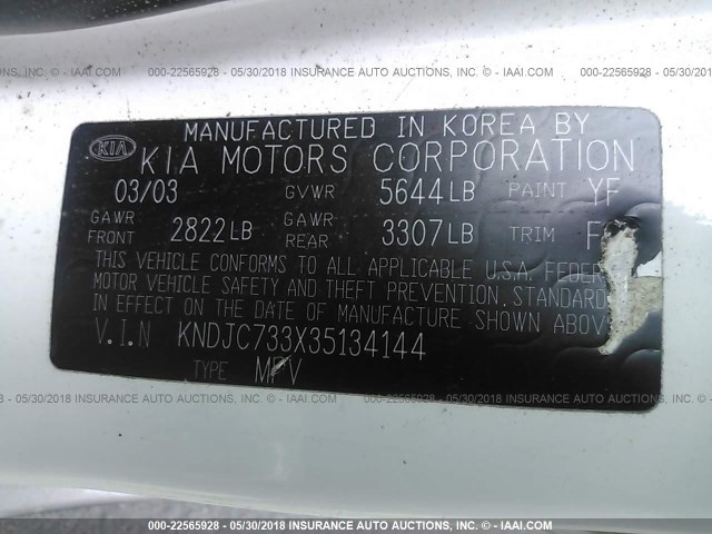 KNDJC733X35134144 - 2003 KIA SORENTO EX/LX WHITE photo 9