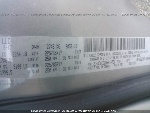 2C4RDGCG2HR814780 - 2017 DODGE GRAND CARAVAN SXT GRAY photo 9