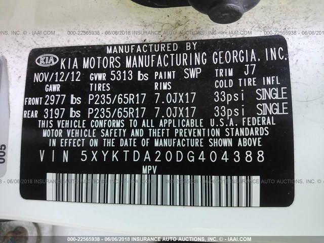 5XYKTDA20DG404388 - 2013 KIA SORENTO LX WHITE photo 9