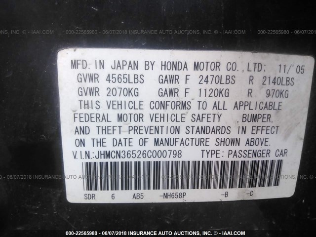 JHMCN36526C000798 - 2006 HONDA ACCORD HYBRID GRAY photo 9