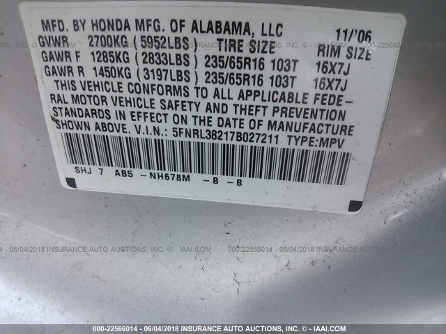 5FNRL38217B027211 - 2007 HONDA ODYSSEY LX SILVER photo 9