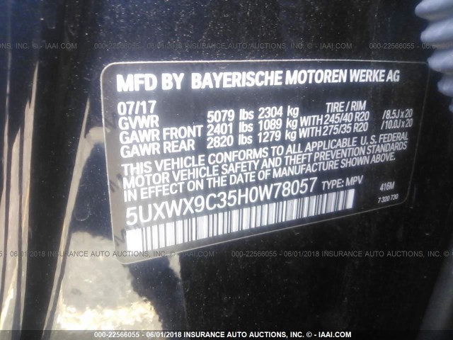 5UXWX9C35H0W78057 - 2017 BMW X3 XDRIVE28I BLUE photo 9