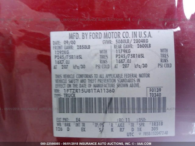 1FTZR15U81TA11360 - 2001 FORD RANGER SUPER CAB RED photo 9