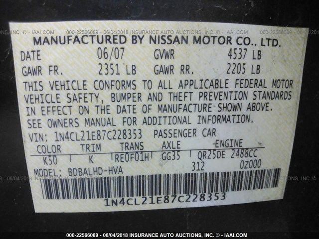 1N4CL21E87C228353 - 2007 NISSAN ALTIMA HYBRID GRAY photo 9