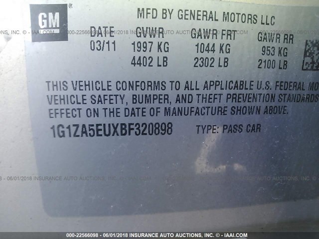 1G1ZA5EUXBF320898 - 2011 CHEVROLET MALIBU LS ოქროსფერი ფოტო 9