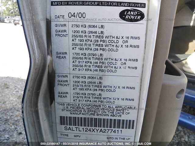 SALTL124XYA277411 - 2000 LAND ROVER DISCOVERY II  Կապույտ լուսանկար 9