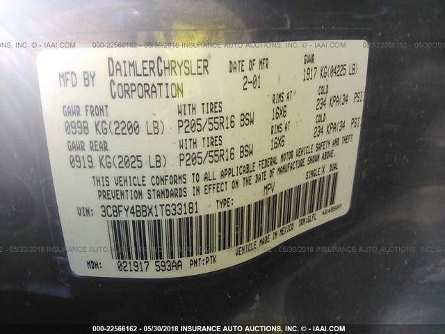 3C8FY4BBX1T633181 - 2001 CHRYSLER PT CRUISER GRAY photo 9